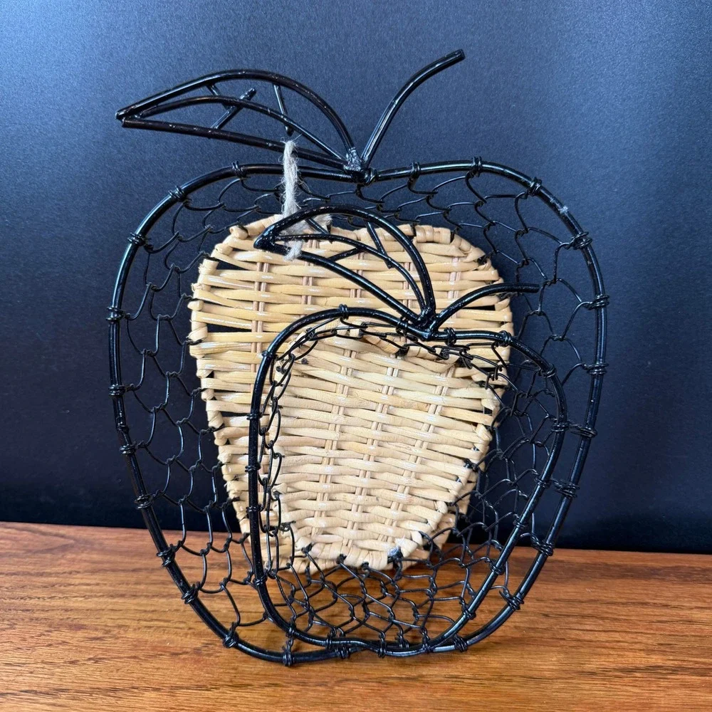 Vintage Apple Wire Rattan Nesting Baskets Set of 2 Black Farmhouse Decor 4378